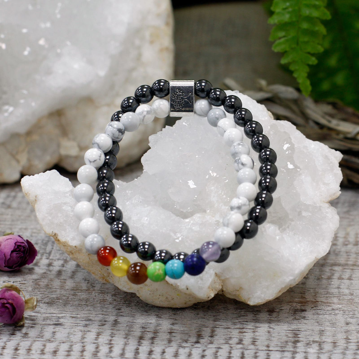 Bracciale magnetico con pietre preziose: howlite bianca (chakra)