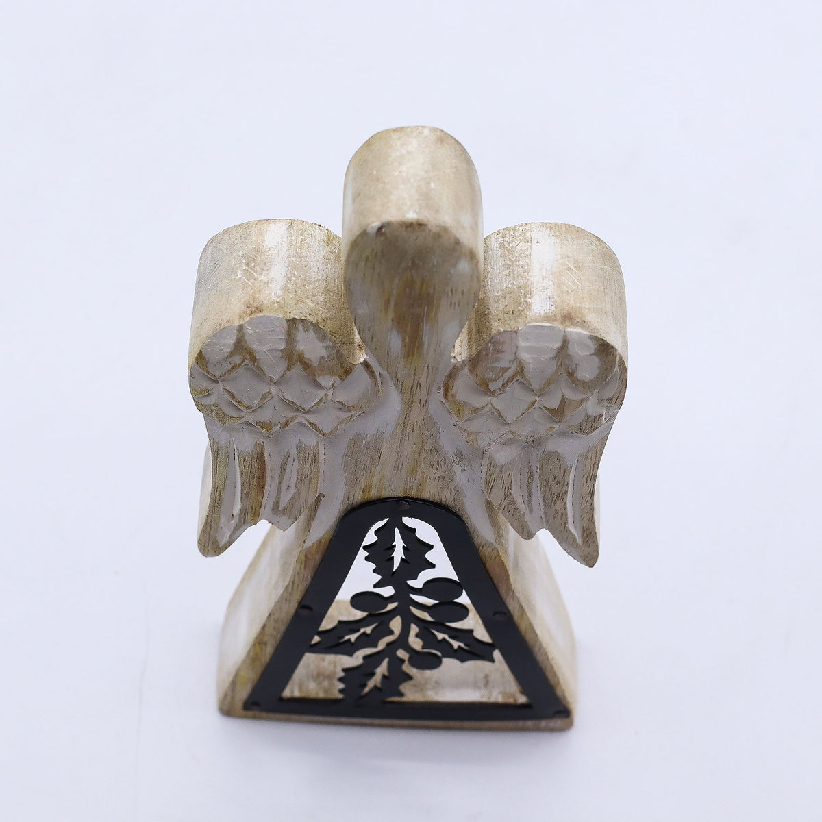Angelo in legno di mango - Bianco lavato con decorazioni in metallo - 18 cm