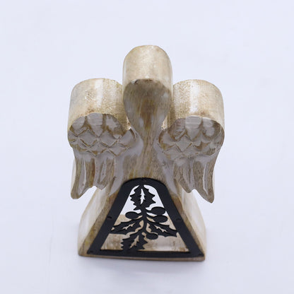 Angelo in legno di mango - Bianco lavato con decorazioni in metallo - 18 cm