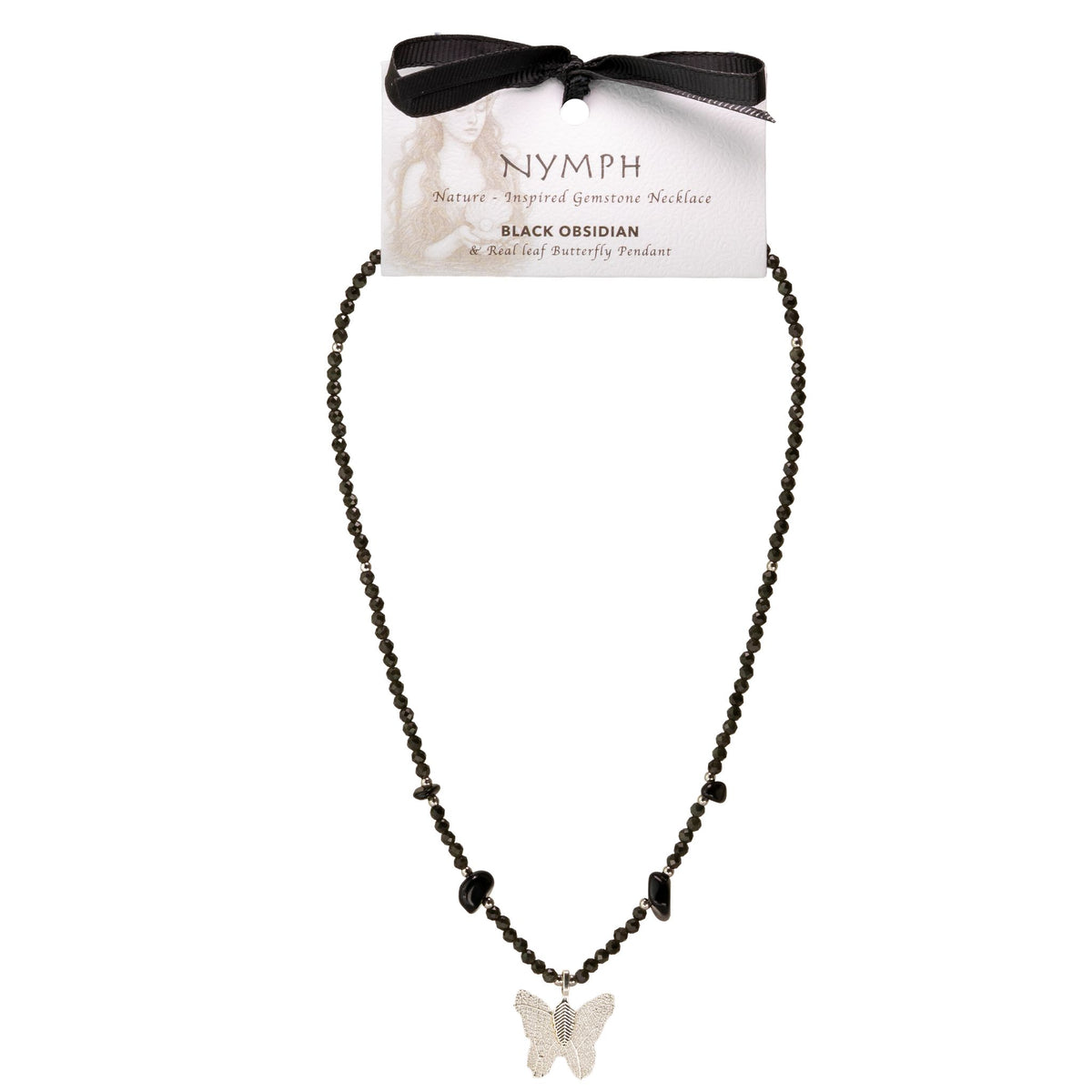 Collana minerale Nymph con farfalla – ossidiana nera