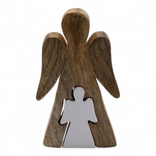 Angelo in legno di mango - smaltato bianco - 15 cm