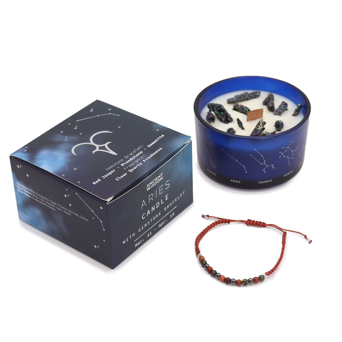 Candela di cristallo zodiacale con braccialetto di pietre preziose e lettura delle carte - Ariete