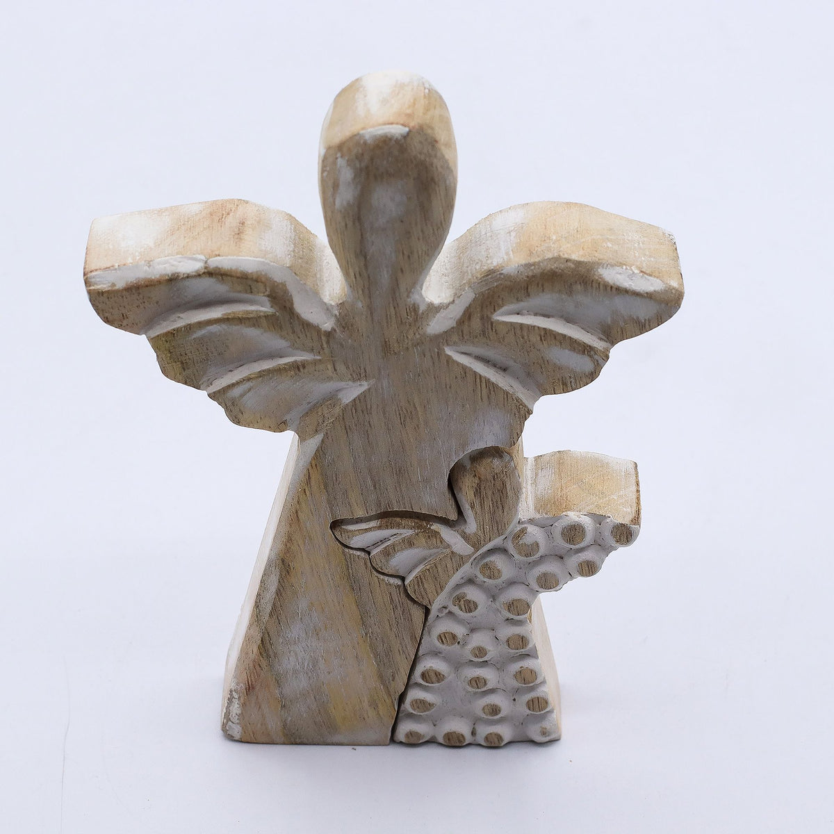 Angelo in legno di mango - sbiancato - 15 cm