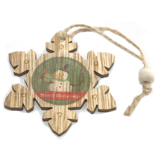 Confezione da 2 decorazioni natalizie in legno: fiocco di neve e pupazzo di neve 