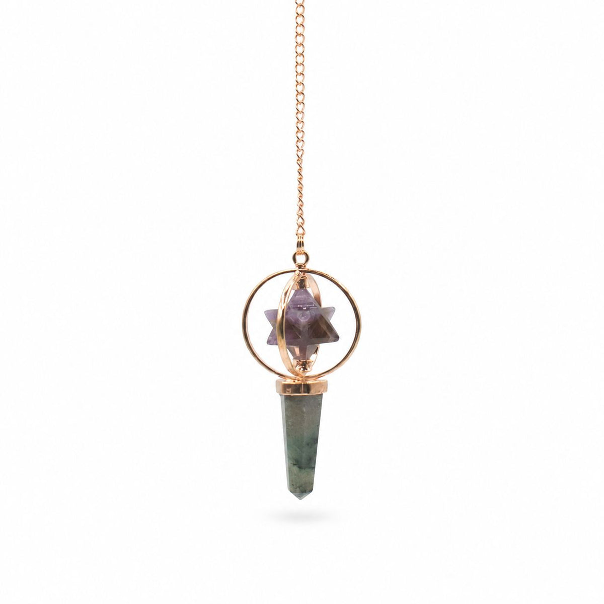 Pendolo Cosmic Navigator con stella Merkaba girevole – ametista e labradorite
