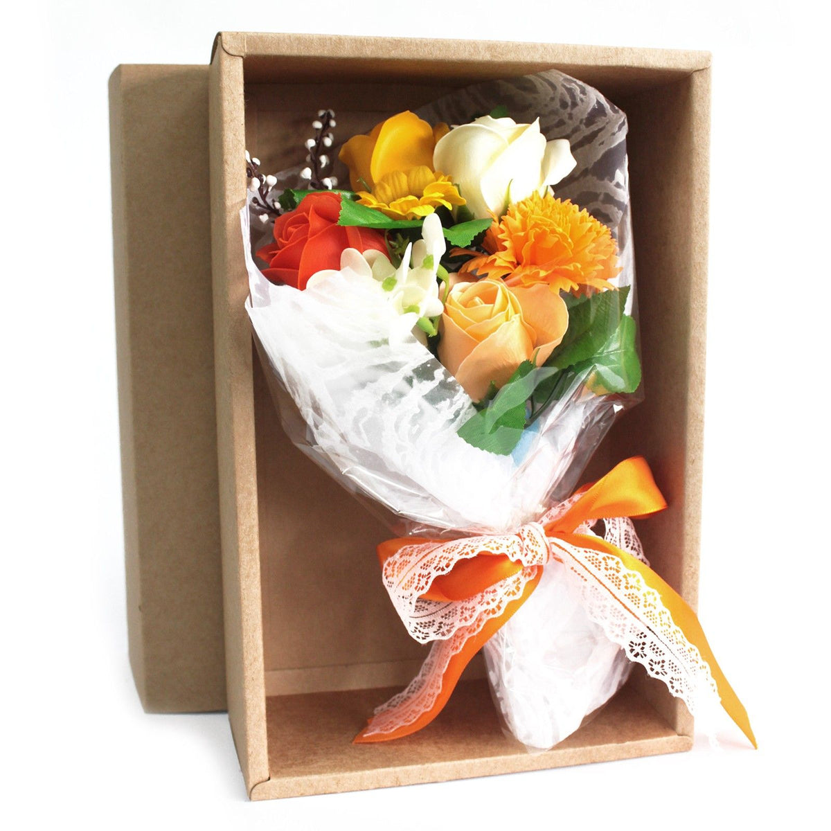 Bouquet regalo di fiori di sapone in una scatola arancione