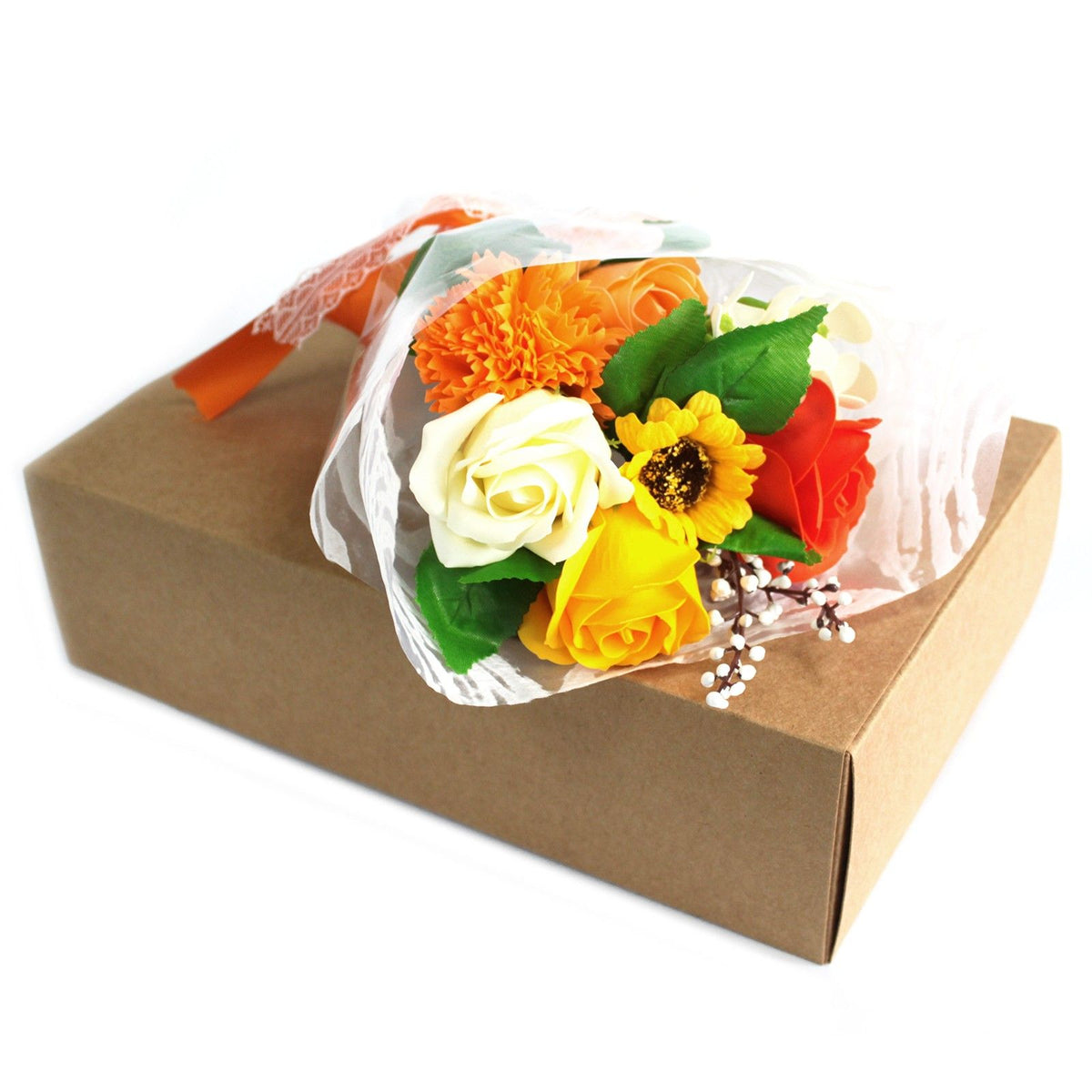 Bouquet regalo di fiori di sapone in una scatola arancione