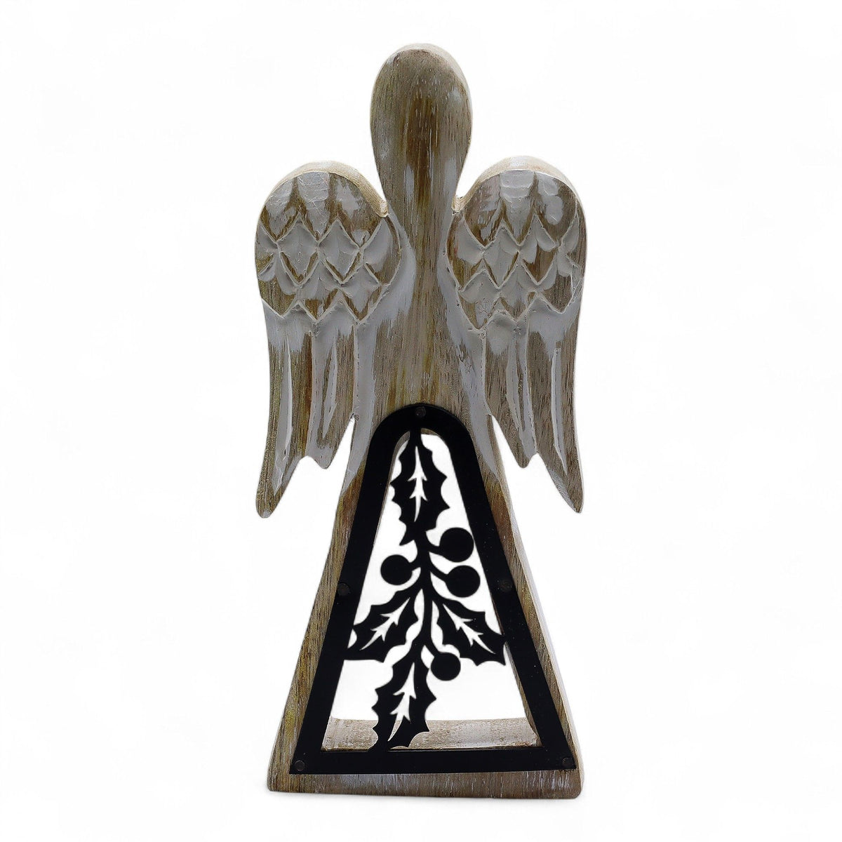 Angelo in legno di mango - Bianco lavato con decorazioni in metallo - 18 cm