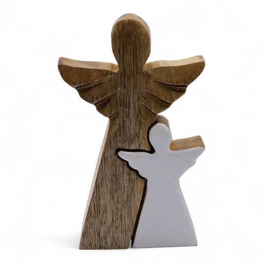 Angelo in legno di mango - smaltato bianco - 15 cm