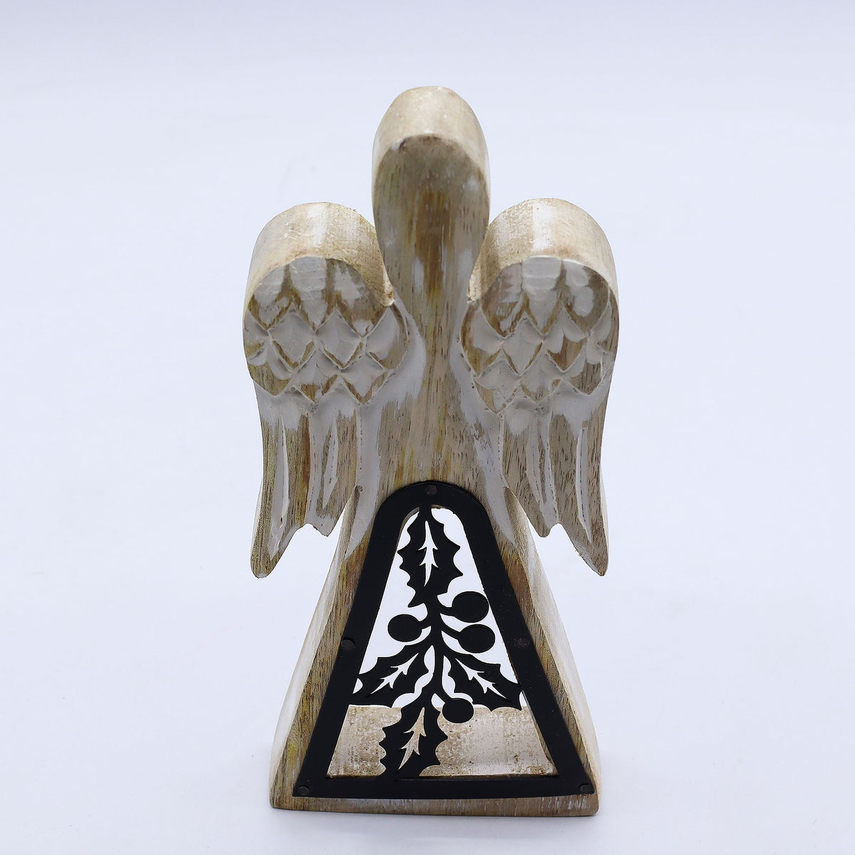 Angelo in legno di mango - Bianco lavato con decorazioni in metallo - 18 cm