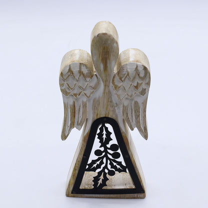 Angelo in legno di mango - Bianco lavato con decorazioni in metallo - 18 cm