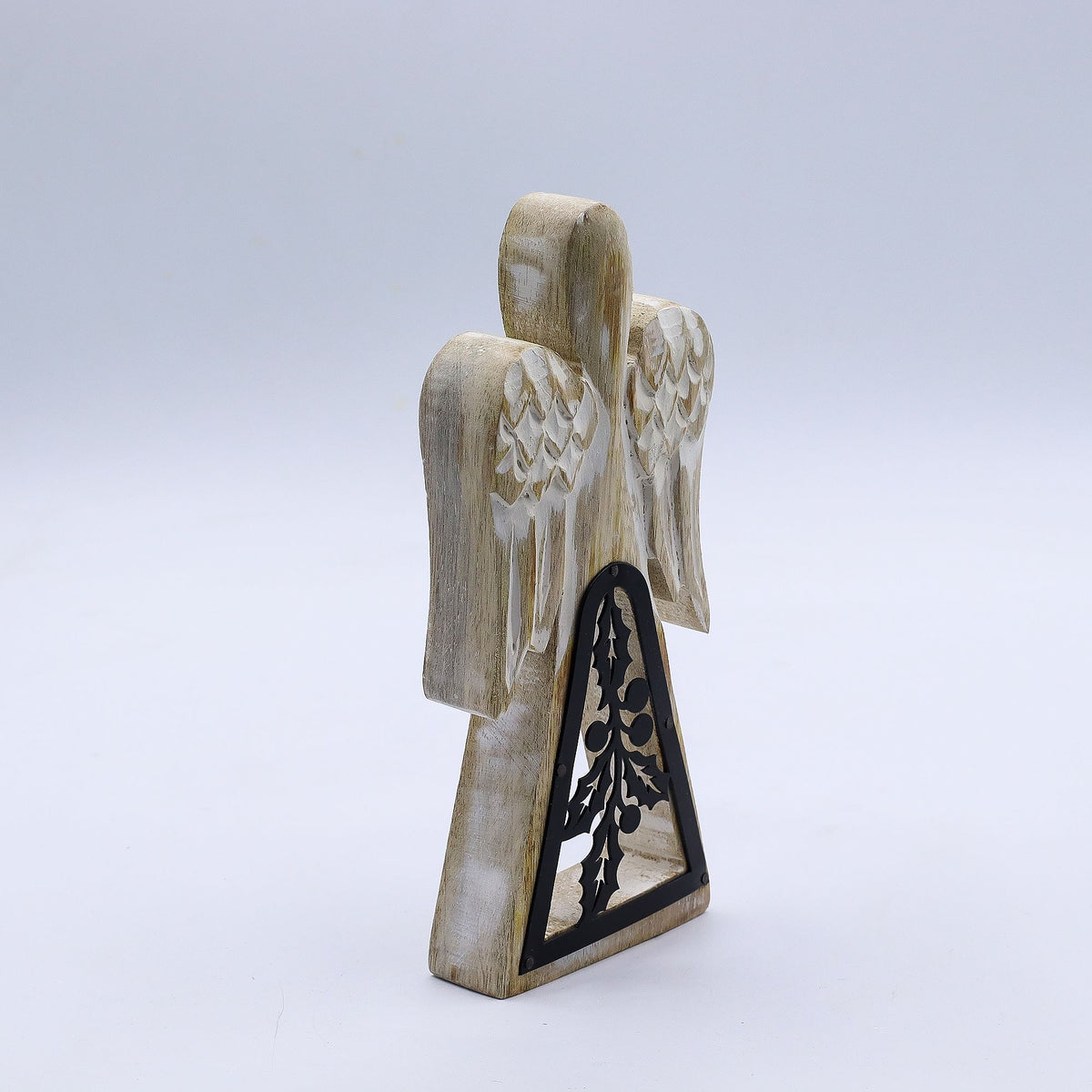 Angelo in legno di mango - Bianco lavato con decorazioni in metallo - 18 cm
