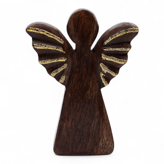 Angelo medio in legno di mango - Decoro oro - 16 cm